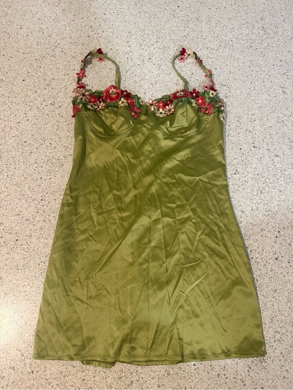Olive Green Floral-Embroidered Satin Slip Dress
